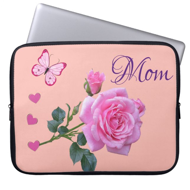 Laptop Sleeve Pink Rose Butterfly Hearts (Front)