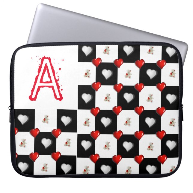 Laptop Sleeve Red Hearts White Teddy Bear (Front)