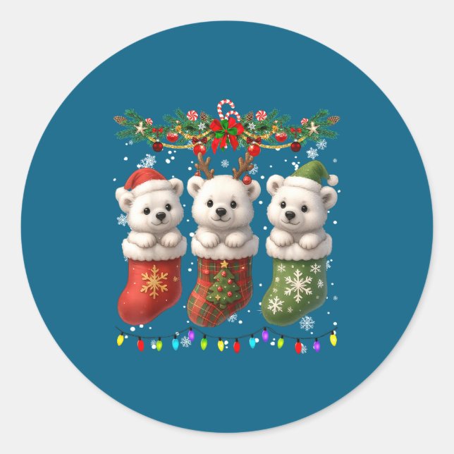 Lar Bear In Christmas Socks Lights Lar Bear Xmas  Classic Round Sticker (Front)