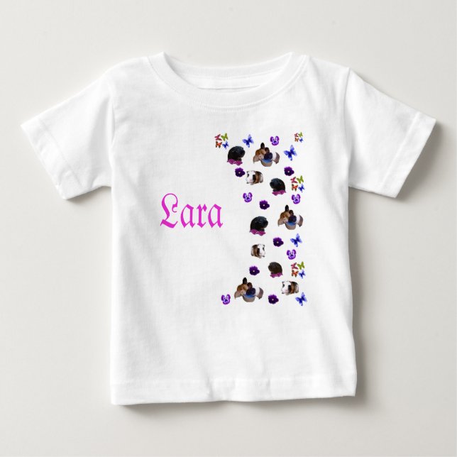 "Lara", Name With Guinea Pigs And Pansies, Baby T-Shirt (Front)