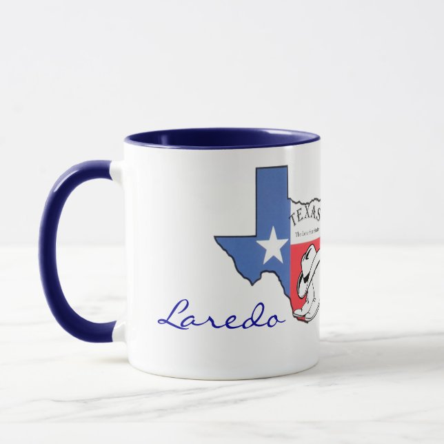 Laredo, Texas State Map with Star, Boots, Hat Mug (Left)