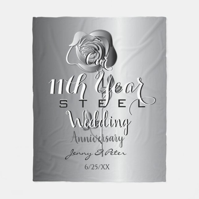 Large 11th Wedding Anniversary Steel Rose  Fleece Blanket (Front)