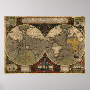 Large "1595 World Map of Hondius" Historic Map Poster