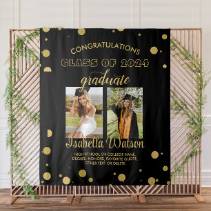 Large 2 Photos Graduation Party BlackGold Backdrop Tapestry