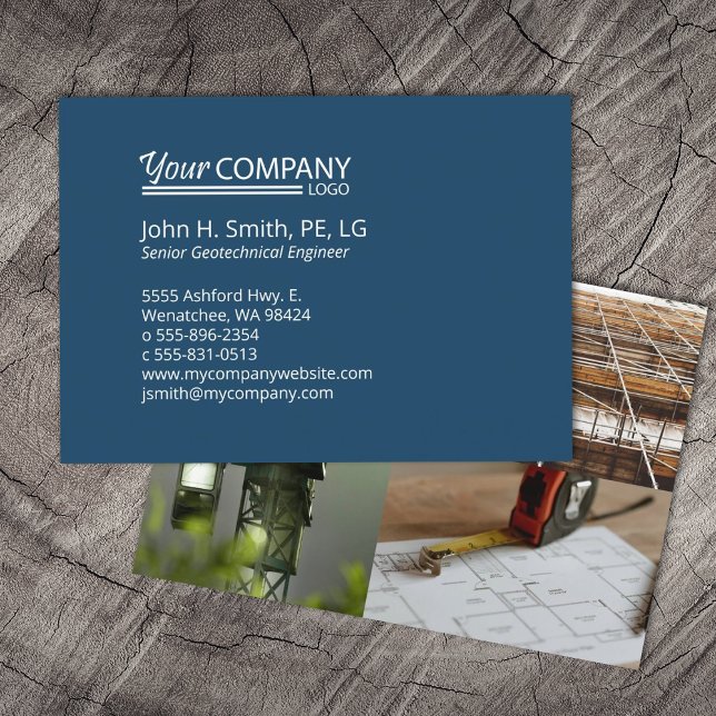 Large 3.5"x2.5", Navy Blue, Tiled Photos Business Card (large oversize blue business card, dark blue navy blue logo company branding, photo collage on back)