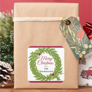 Large 3-Inch Personalized Christmas Wreath Square Sticker