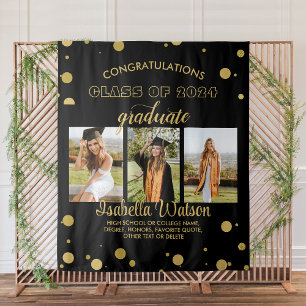 Large 3 Photos Graduation Party BlackGold Backdrop Tapestry