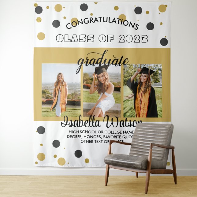 Large 3 Photos Graduation Party BlackGold Backdrop Tapestry (In Situ)