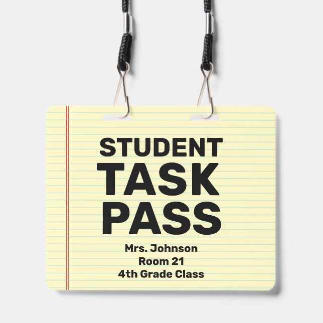 Large 4x5 Student Task Pass Classroom Lanyard ID Badge (Front with Lanyard)