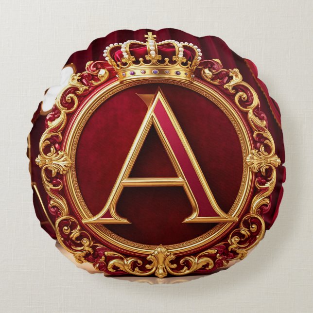 Large A Monogram on Red Velvet Round Cushion (Front)