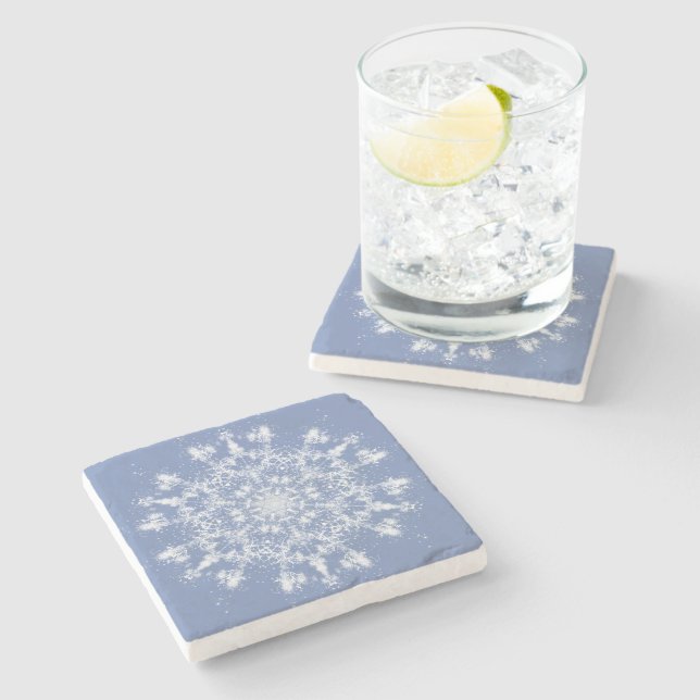 Large Abstract Lacy Snowflake on Blue Background Stone Coaster (Side)