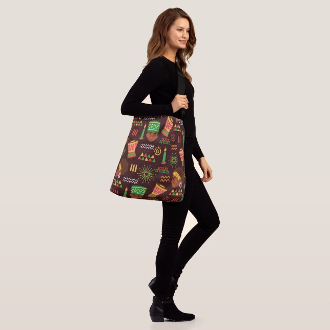 Large Afrocentric All-Over-Print Cross-Body Tote  (On Model)