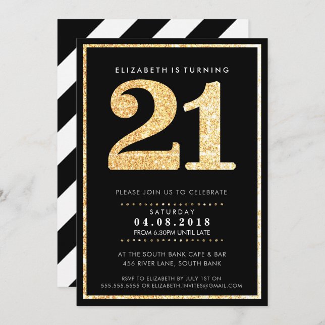 LARGE AGE NUMBER INVITE modern 21 gold glitter (Front/Back)