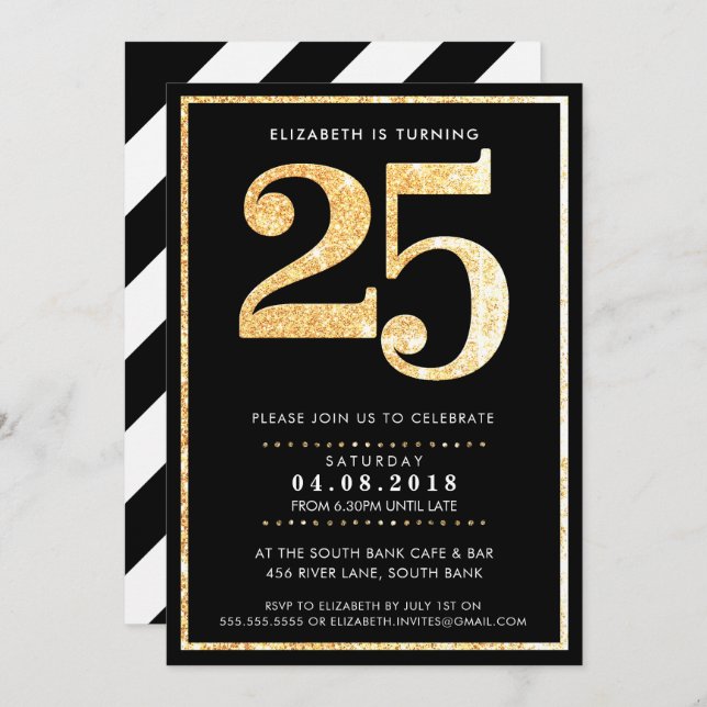 LARGE AGE NUMBER INVITE modern 25 gold glitter (Front/Back)