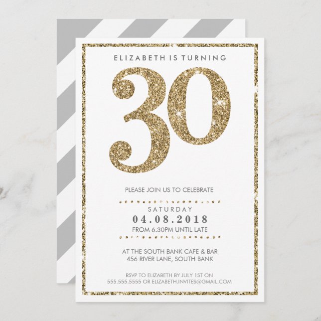 LARGE AGE NUMBER INVITE modern 30 gold glitter (Front/Back)