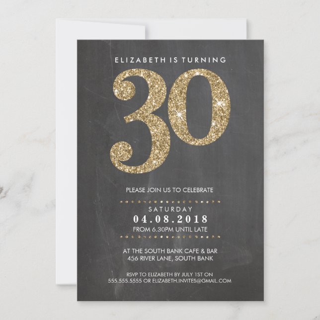 LARGE AGE NUMBER INVITE modern 30 gold glitter (Front)