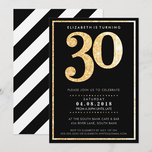 LARGE AGE NUMBER INVITE modern 30 gold glitter (Front/Back)