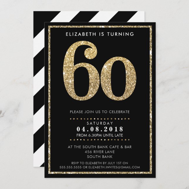LARGE AGE NUMBER INVITE modern 60 gold glitter (Front/Back)