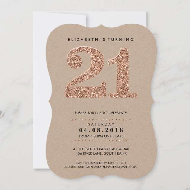 LARGE AGE NUMBER kraft cool 21 rose gold glitter Invitation (Front)