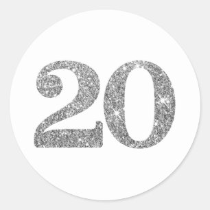 LARGE AGE NUMBER modern 20 silver glitter Classic Round Sticker