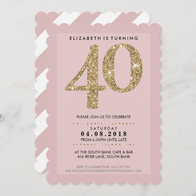 LARGE AGE NUMBER modern 40 gold glitter bluch pink Invitation (Front/Back)