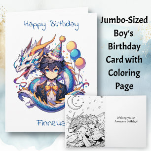 Large Anime Dragon Boy's Birthday Colouring Page Card