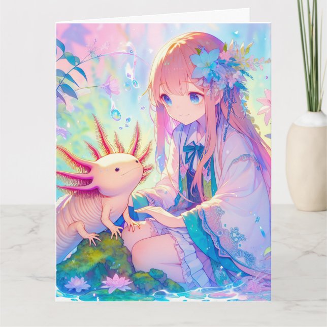 Large Anime Girl and Axolotl Personalised Birthday Card (Front)