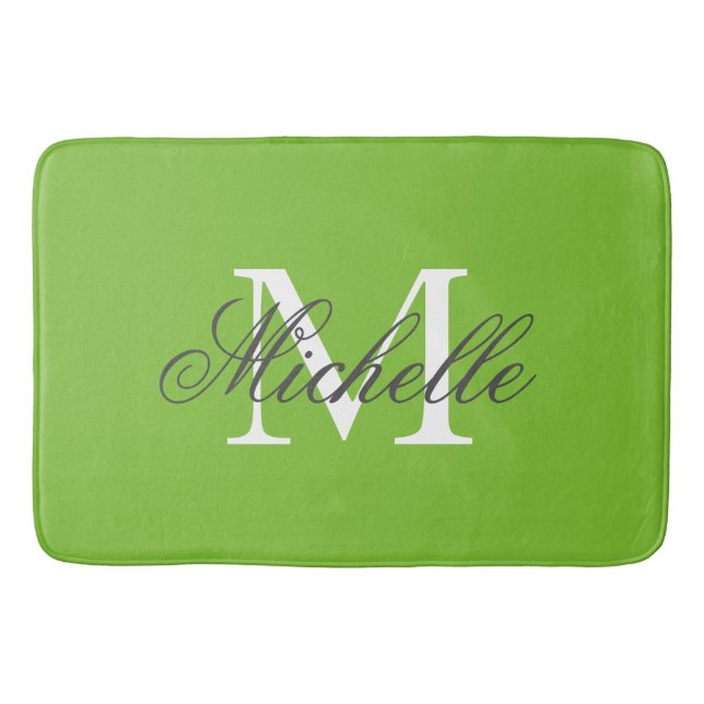 Large apple green bath mat with chic name monogram (Front)