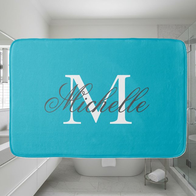 Large aqua turquoise blue name monogram bath mat (turquoise blue bath mat with monogram)