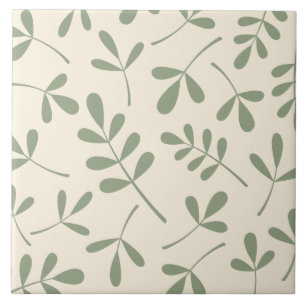 Large Assorted Green Leaves on Cream Design Ceramic Tile