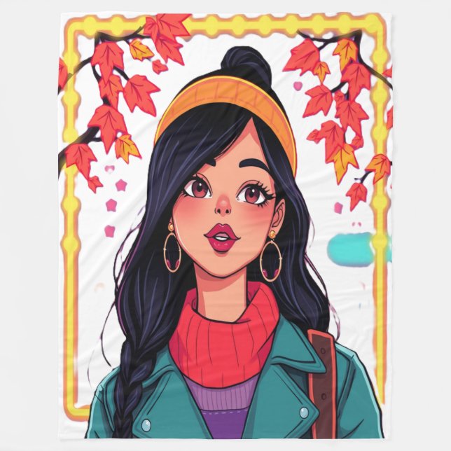 Large Autumn Girl Fleece Blanket – Cosy Oversized  (Front)