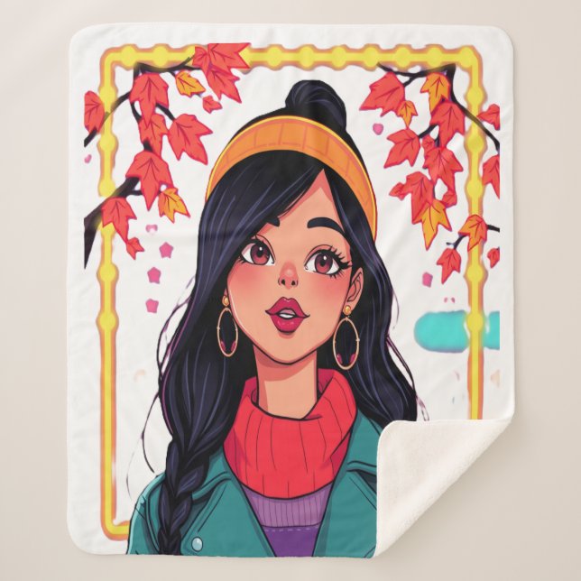 Large Autumn Girl Sherpa Blanket – Cosy Oversized  (Front)