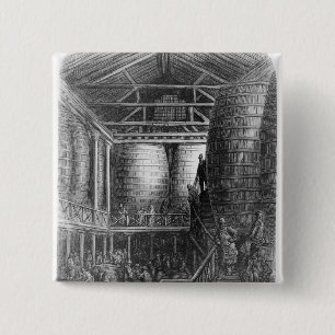 Large barrels in a brewery 15 cm square badge