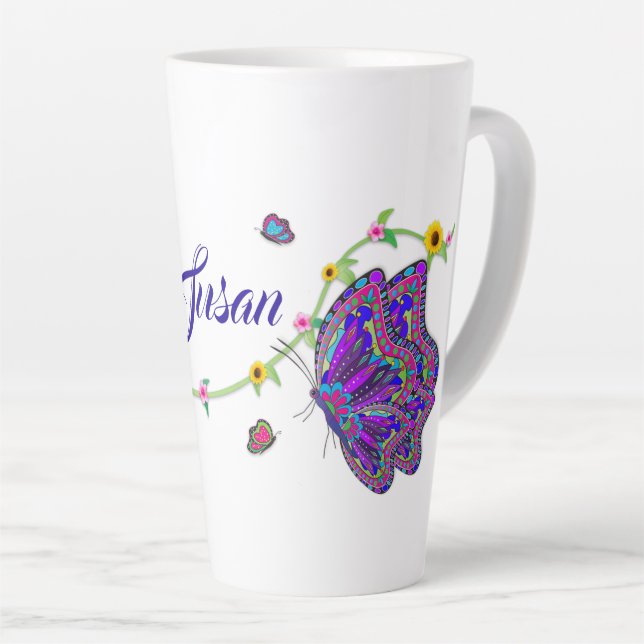 Large Beautiful Butterflies and Flowers Latte Mug (Right Angle)