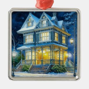 Large Beautiful Victorian House at Christmas Metal Ornament