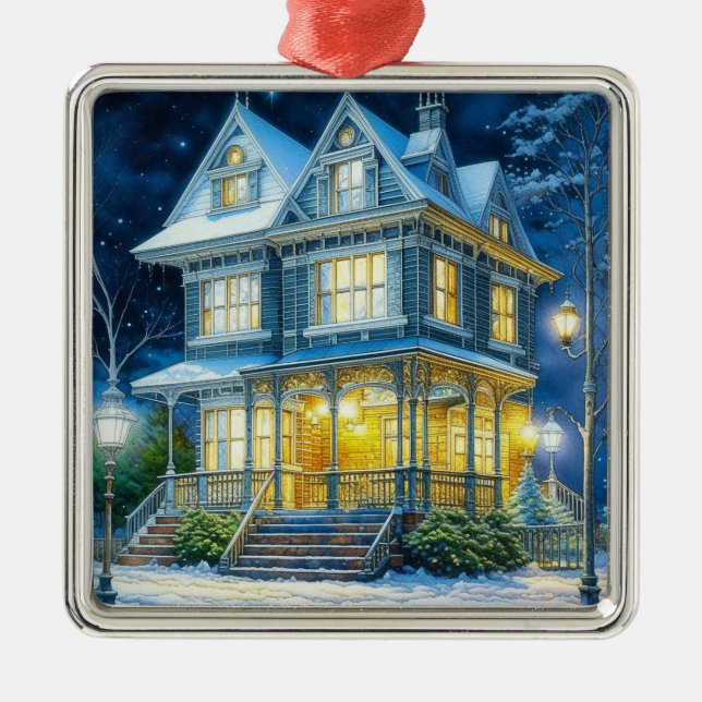 Large Beautiful Victorian House at Christmas Metal Ornament (Front)