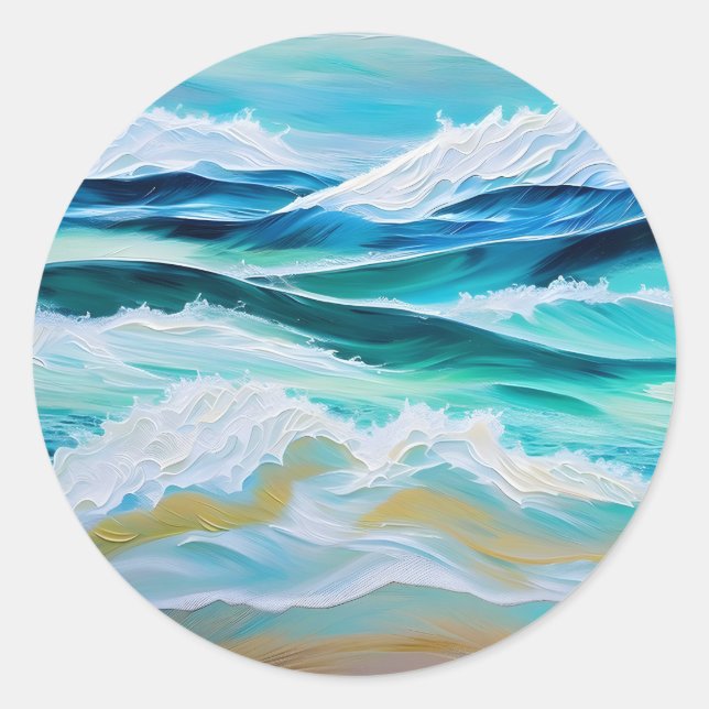 Large beautiful waves in sea classic round sticker (Front)