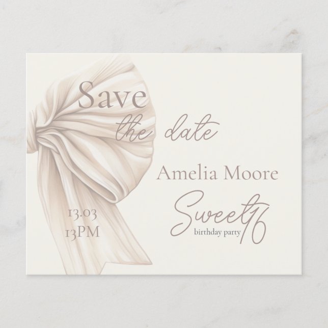 Large Beige Bow Boho Sweet 16 Save the Date (Front)