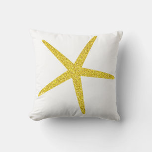 Large Big Starfish Pattern Glittery Golden White Cushion