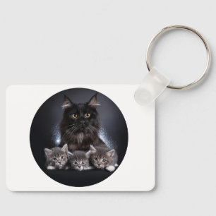 Large Black Cat And Her 3 Kittens Pose For Us Key Ring