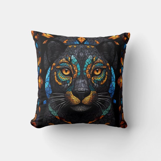 Large Black Cat Mosaic stained Glass effect  Cushion (Front)