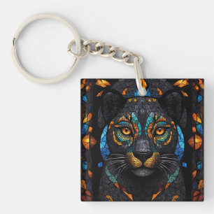Large Black Cat Mosaic stained Glass effect Key Ring