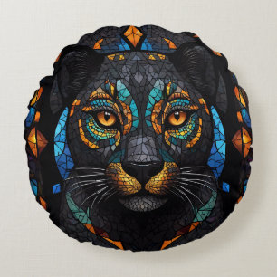 Large Black Cat Mosaic stained Glass effect  Round Cushion