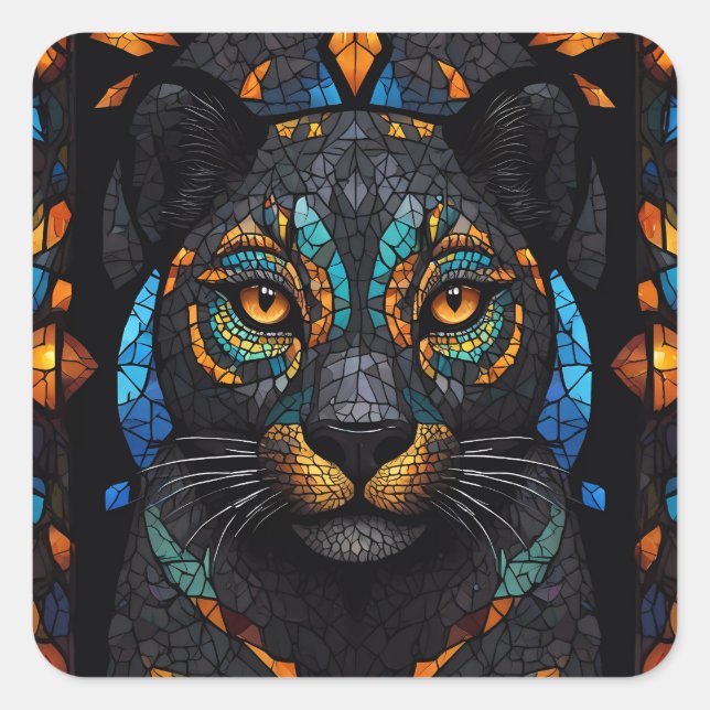 Large Black Cat Mosaic stained Glass effect  Square Sticker (Front)