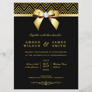 Large Black Gold Chevrons Diamond Bow Wedding Invitation