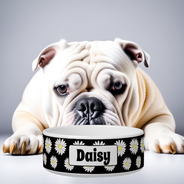 Large Black & White Daisies Personalised Dog Bowl (Creator Uploaded)