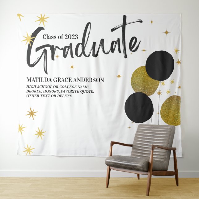 Large BlackGold Graduation Party Photo Backdrop Tapestry (In Situ (Horizontal))
