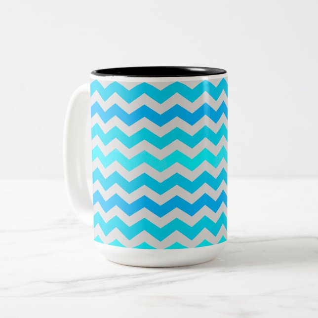 Large Blue and Aqua Chevron Striped Mug (Front Left)