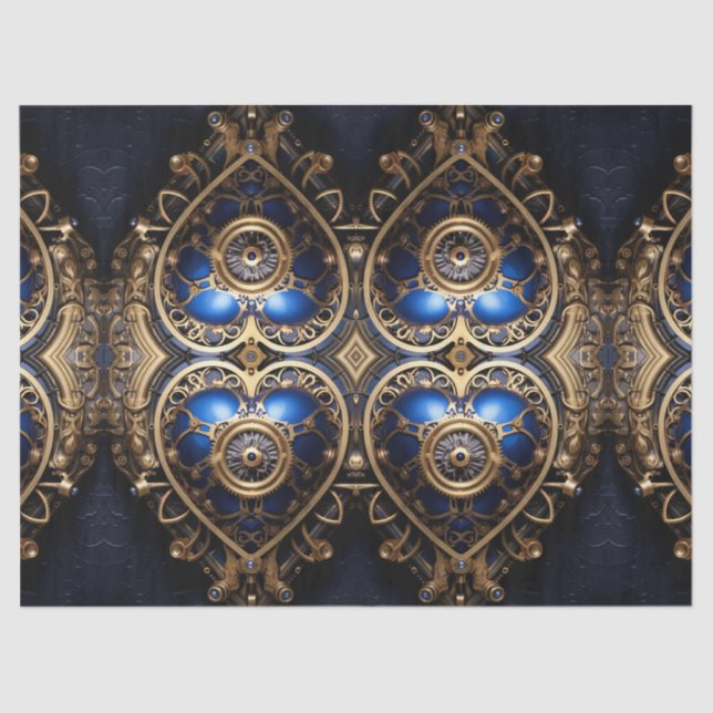large blue and gold steampunk hearts pattern tissue paper (Front)