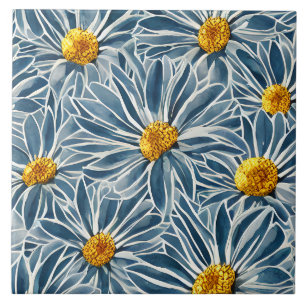 Large Blue and yellow Flowers Seamless Pattern Ceramic Tile
